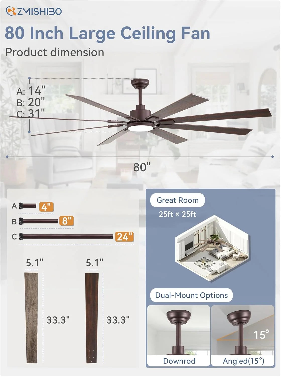 Zmishibo 72-inch large ceiling fan with lighting and remote indoor/outdoor