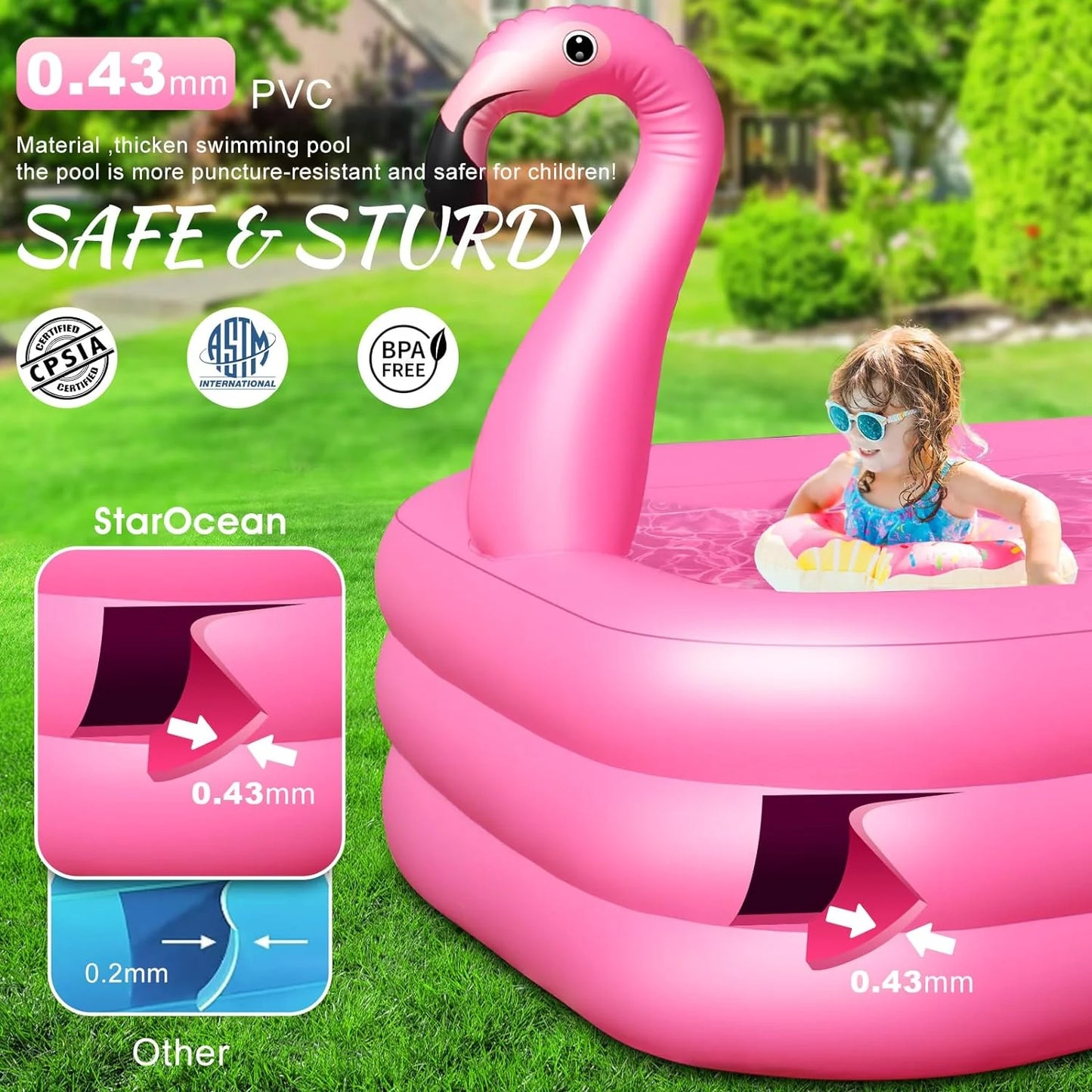 Inflatable Pool with Lights, Solar Flamingo Swimming Pool for Kids,Adults Inflatable Blow up Pool, Large Kiddie Pool, Durable Thickened Inflatable Family Pool for Backyard,Outdoor,105"x65"x25"