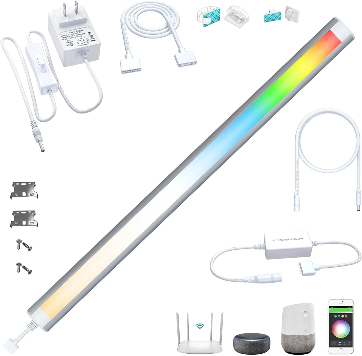 Smart under-cabinet lighting strip, white and color-changing dimmable