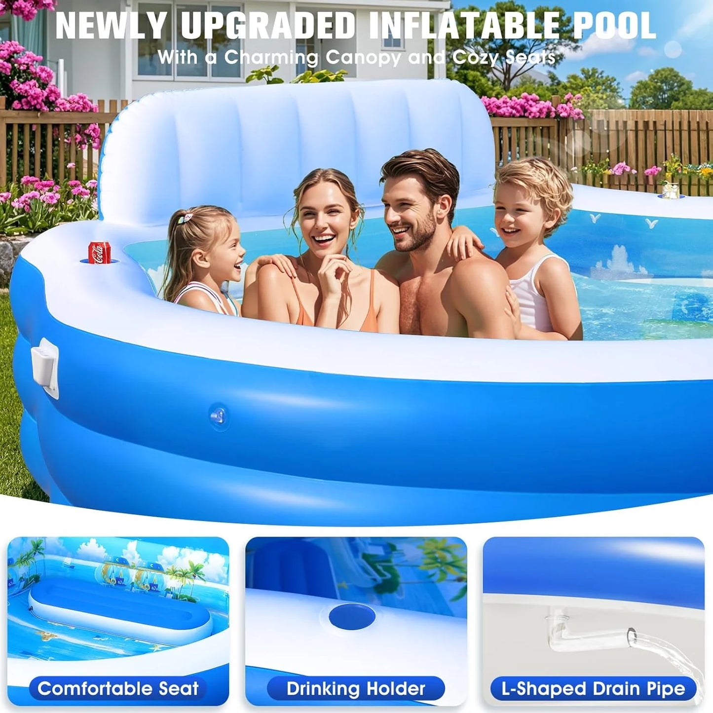 2025 Upgraded Inflatable Pool with Canopy, Inflatable Family Lounge Pool, Round Blow Up Pool for Adult with Bench & Backrest, Swim Center Easy Backyard Pools for Kids & Adults, 92"x92"x26", Blue