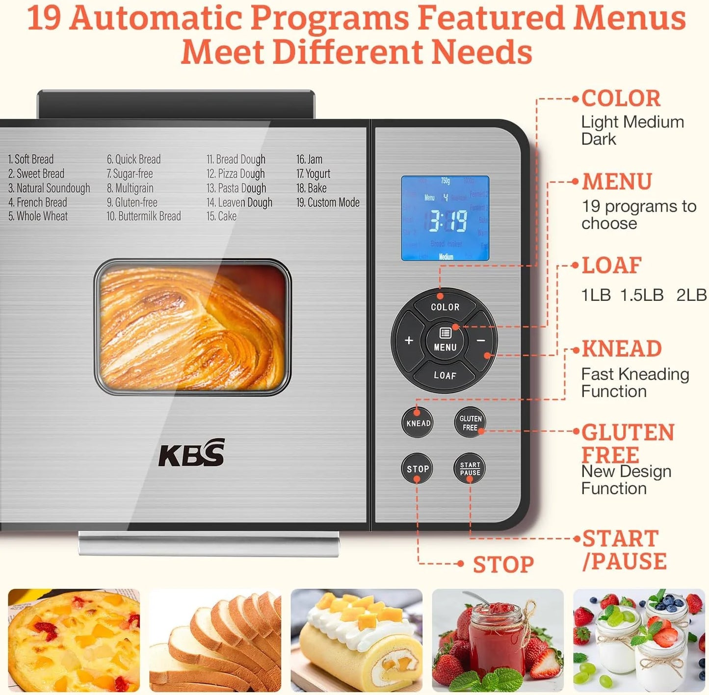 KBS 2LB Bread Maker, 19-in-1 Automatic Stainless Steel Bread Maker with Ceramic Pot, 650W Bread Maker, 3 Loaf Sizes