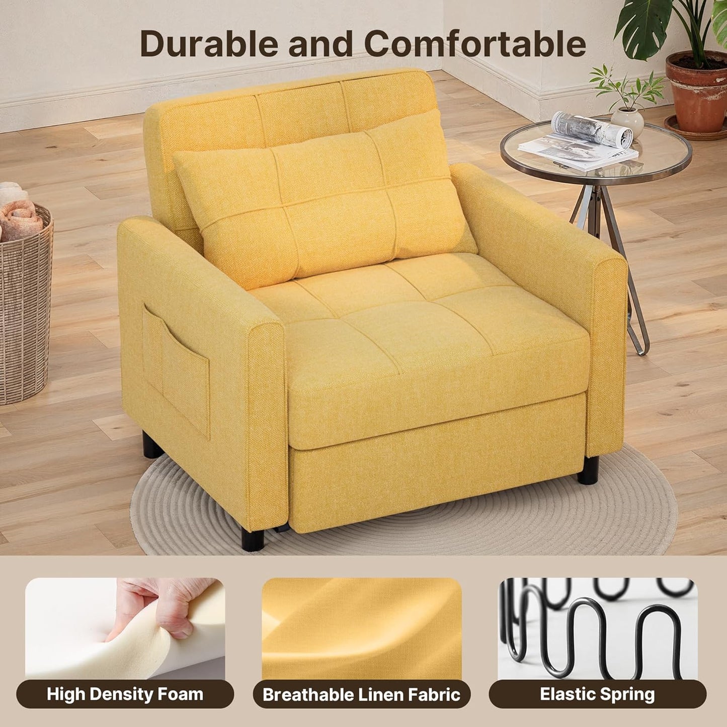 Sofa Bed Chair 3 in 1 Convertible, Pullout Single Sleeper Chair Bed with Adjustable Backrest, Spacious Multifunctional Sofa Couches