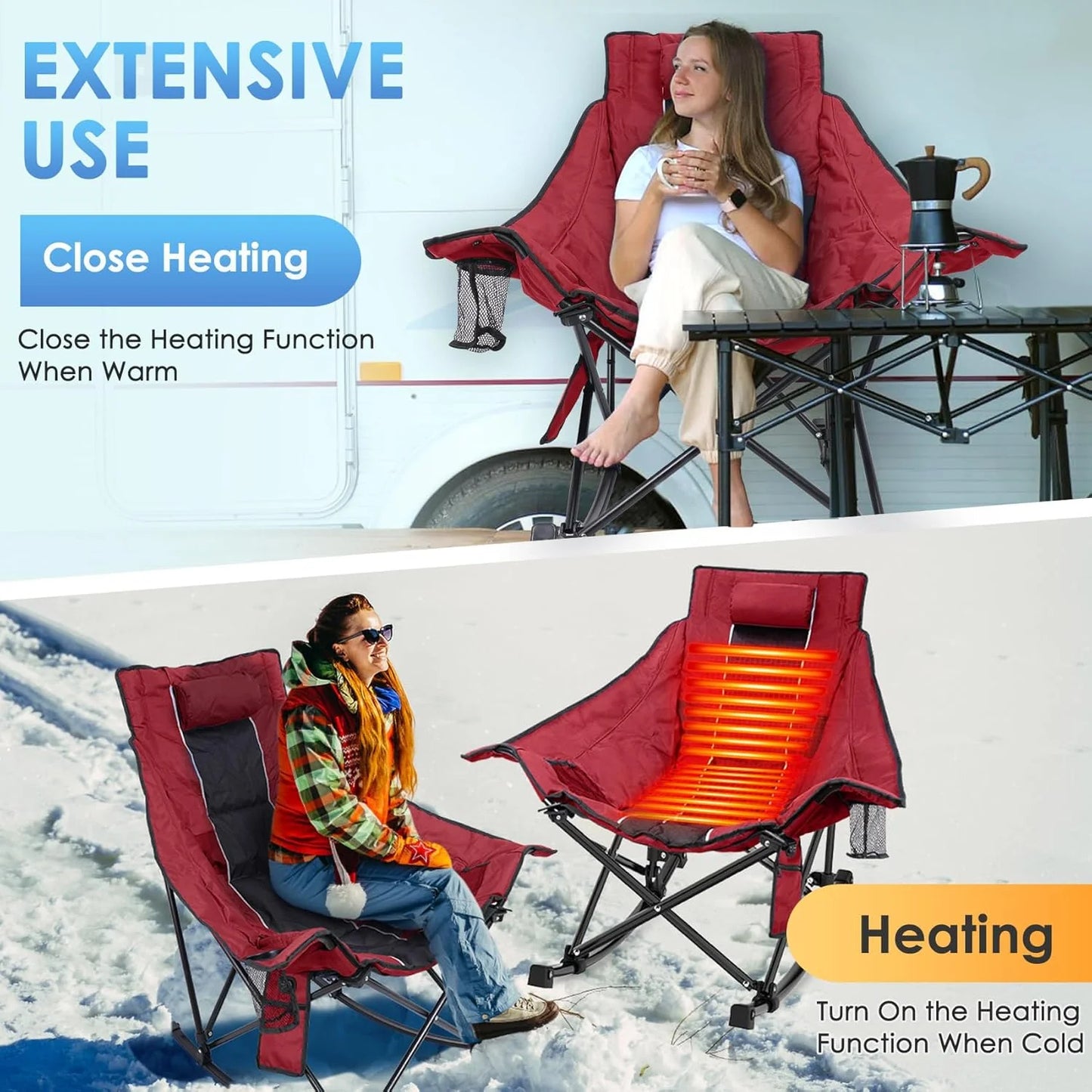 Heated Camping Chair, Extra Large Heated Chair Outdoor Sports Chair with 3 Heat Levels on Back and Seat, Portable Folding Heated Outdoor Chair (Batteries Not Included)