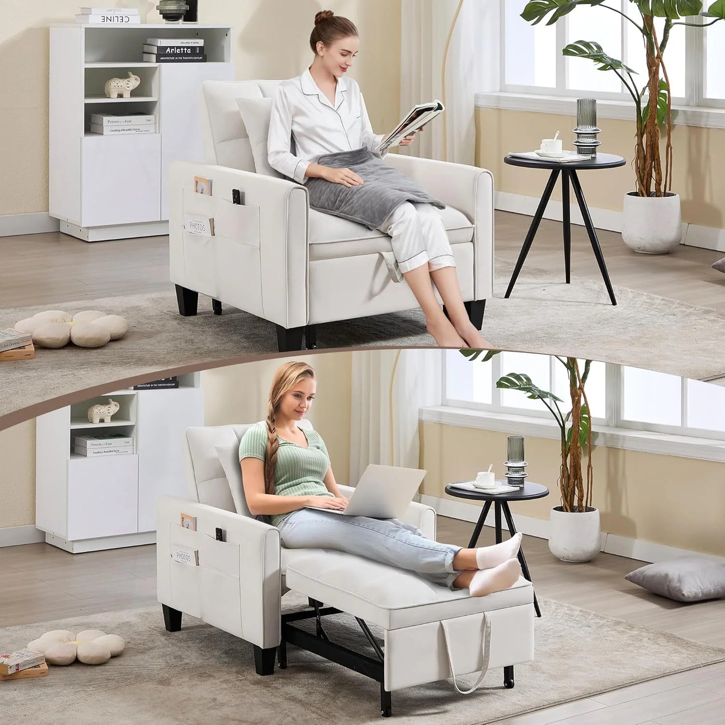 Convertible Sleeper Chair, 3 in 1 Sleeper Chair Bed Pull Out Sofa Bed Chairs, Velvet Single Sofa with Adjustable Backrest