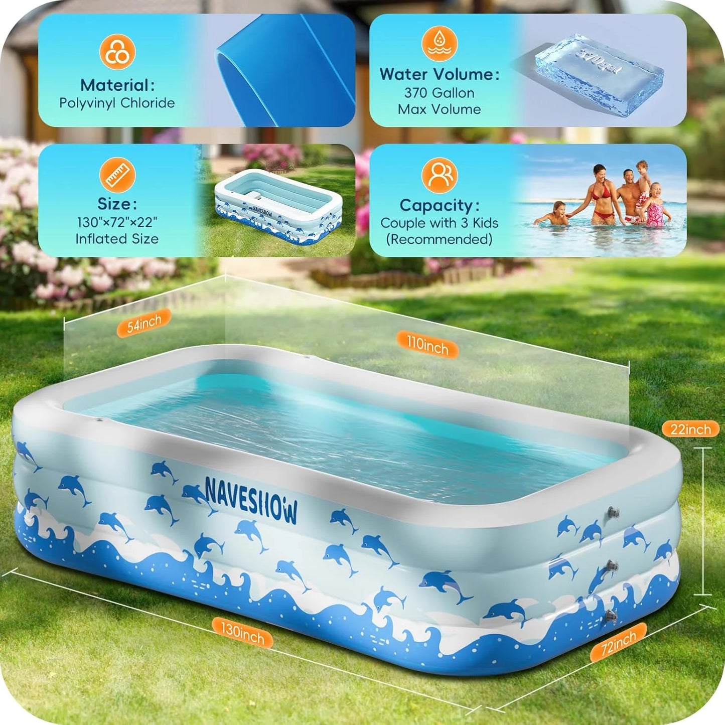 Inflatable Swimming Pool with Seats, 130" x 72" x 22" Full-Sized Durable PVC Thickened Above Ground Family Blow Up Pool for Outdoor Summer Water Party Backyard Garden Lawn