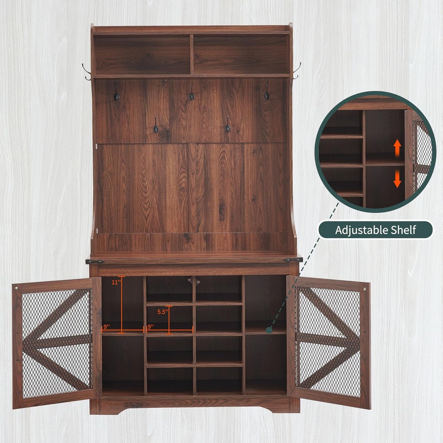 JXQTLINGMU 59-inch Farmhouse Foyer Tree with Shoe Storage, Entryway Bench Foyer Coat Rack Cabinet