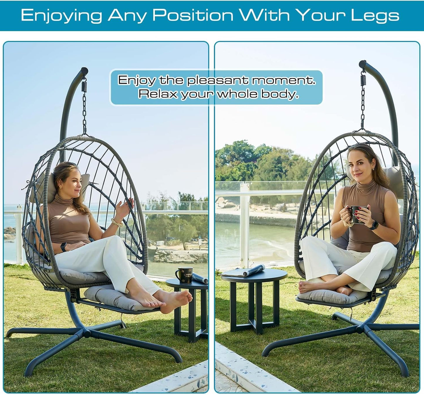 Hanging Egg Chair with Stand and Leg Rest – Rattan Wicker Swing Hammock Chair, UV-Resistant Cushion, Heavy-Duty Frame for Indoor & Outdoor Patio, Bedroom, Balcony, Garden – 330 lbs Capacity.
