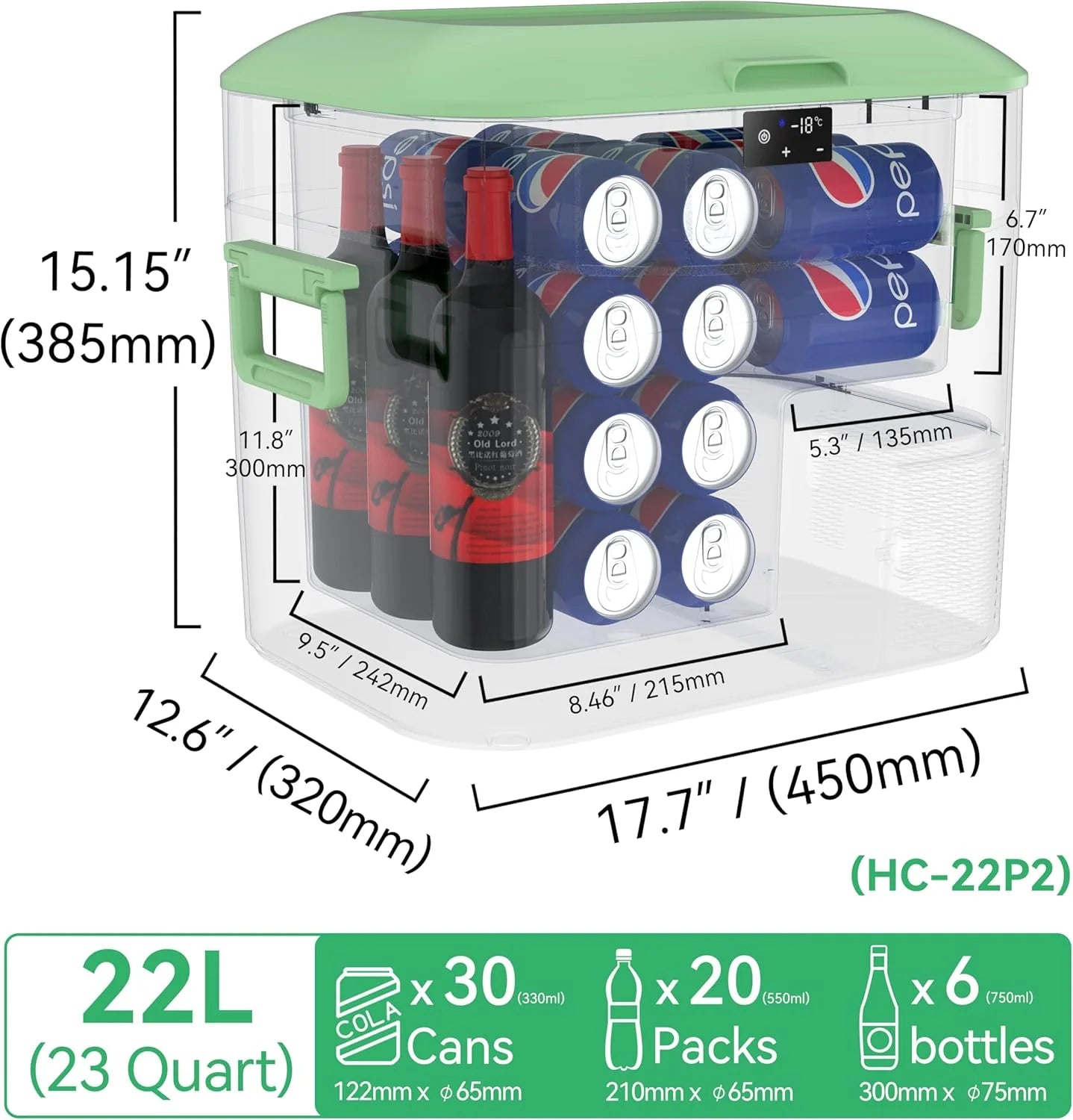 Car Fridge Portable 12 Volt Refrigerator 23 Quart (22 Liter) Freezer Compressor Cooler 12V/24V DC 110～240 V AC for Outdoor, Camping, Travel, Home Use -18℃~+15℃ (Green)
