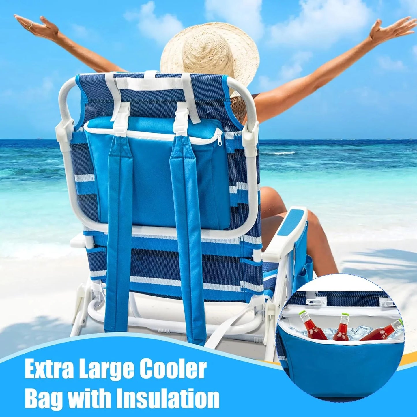 Beach Chair 2 Pack 5 Positions Textilene Folding Reclining Beach Chair with Backpack Straps Cooler Bag & Cup Holder for Outdoor Lawn Camping