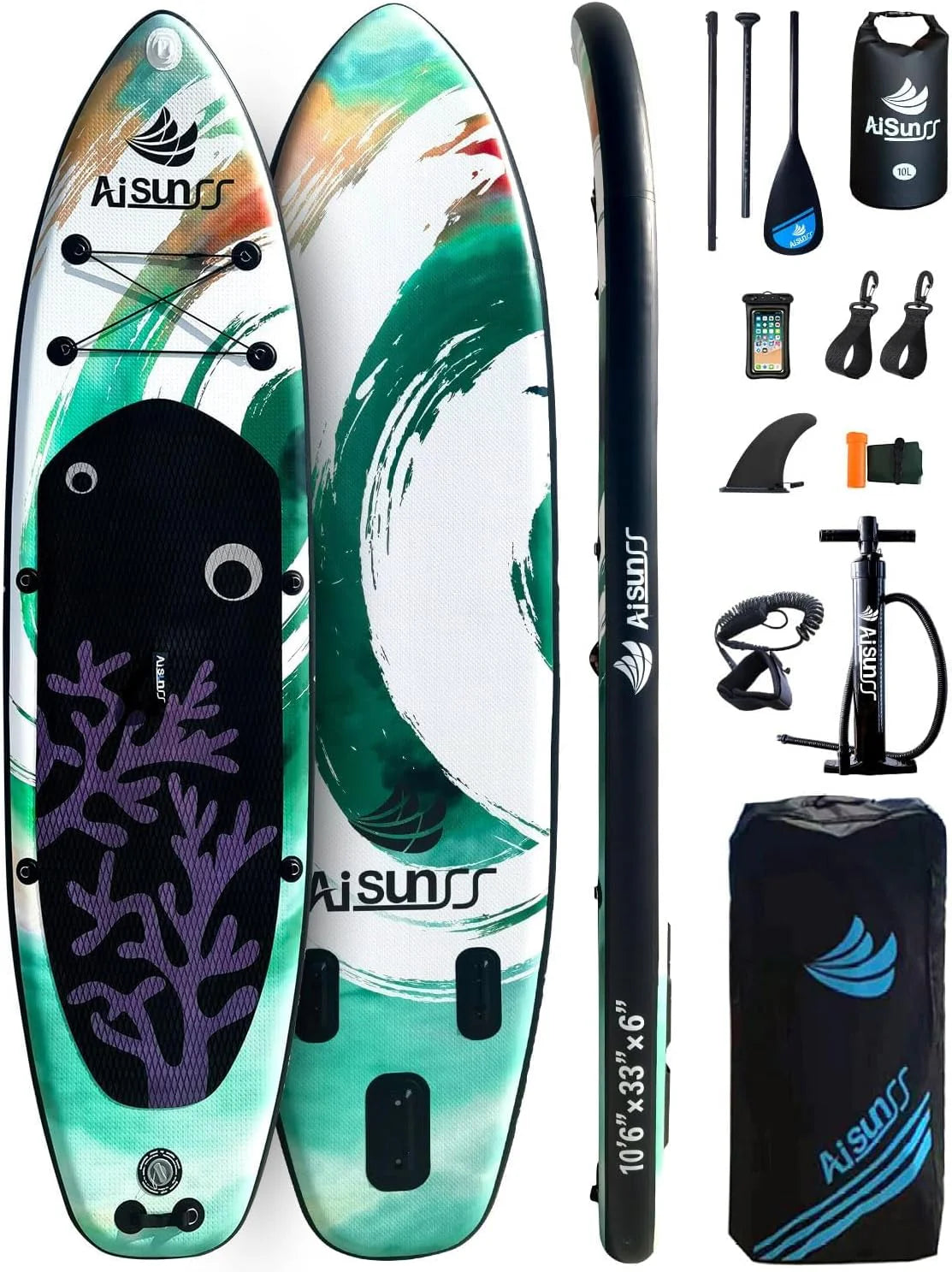 Inflatable wide SUP board with SUP carrying bag, hand pump, 10L waterproof bag and adjustable paddle