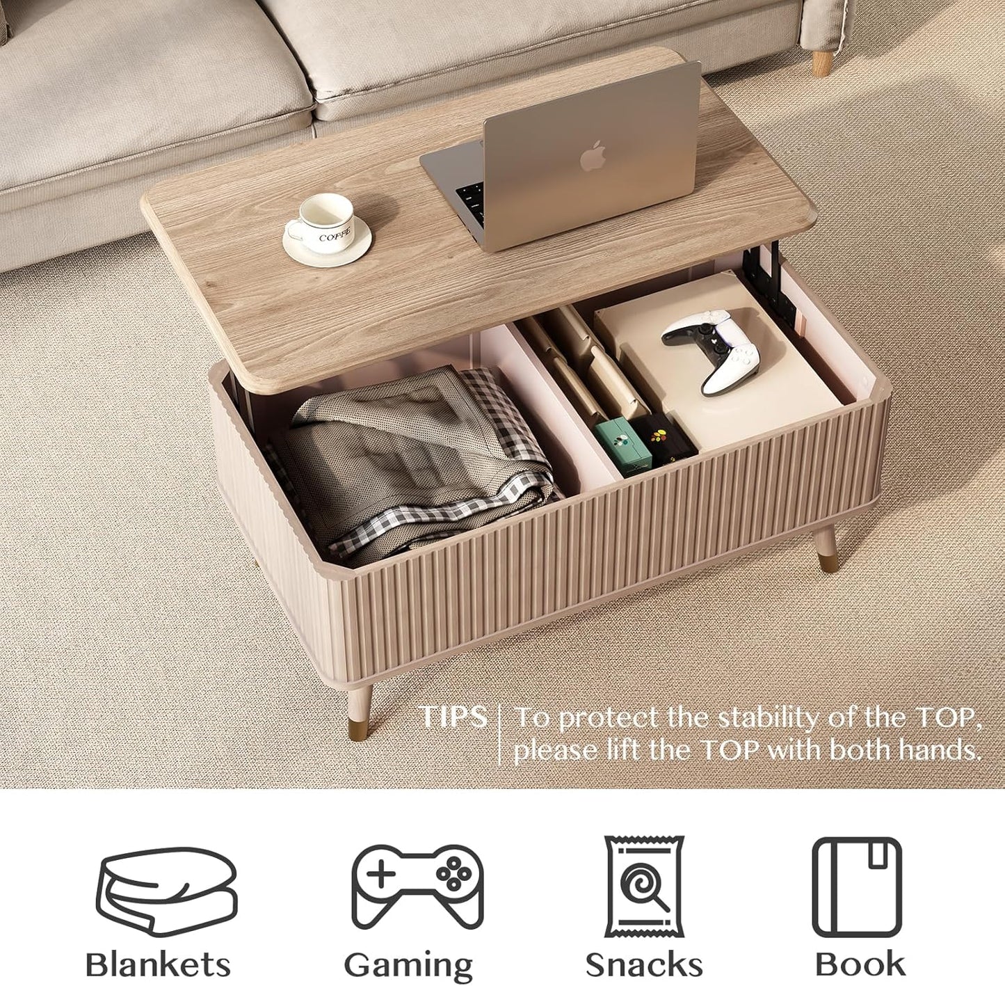 Round Coffee Table with Storage,Fluted Center Table with Sliding Cabinet Door for Living Room,Home Small Space,31.5" Small Center Table,Walnut