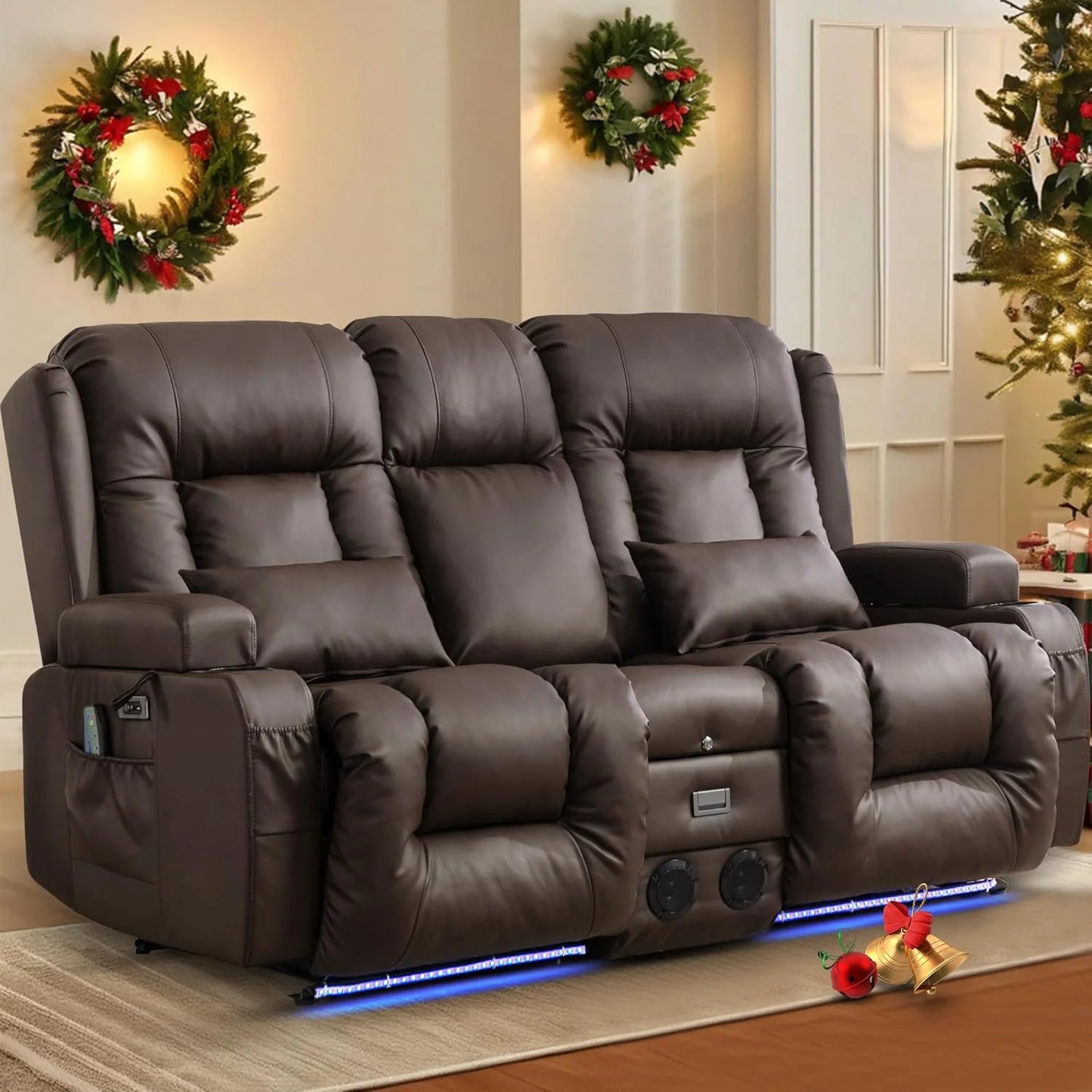 TUNYI Power Loveseat Recliner Sofa with Massage & Heat Home Theater Seating with Console Electric Recliner RV Sofa with USB/Outlet/Storage/Side Pocket/LED Light/Speaker (Brown, Loveseat)