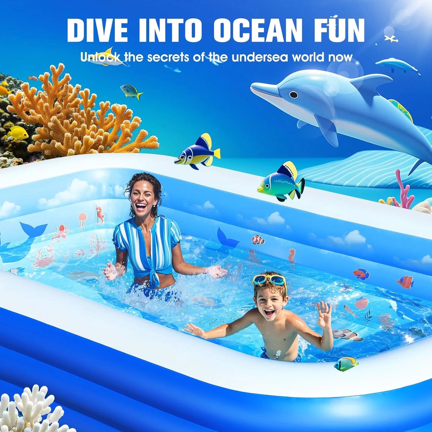Inflatable Pool with Canopy,Upgraded Inflatable Swimming Pool for Kids,Adult,Large Inflatable Blow up Pools,Ocean Theme Oversized Thickened 105"x75"x25"Inflatable Family Pools for Backyard-Blue