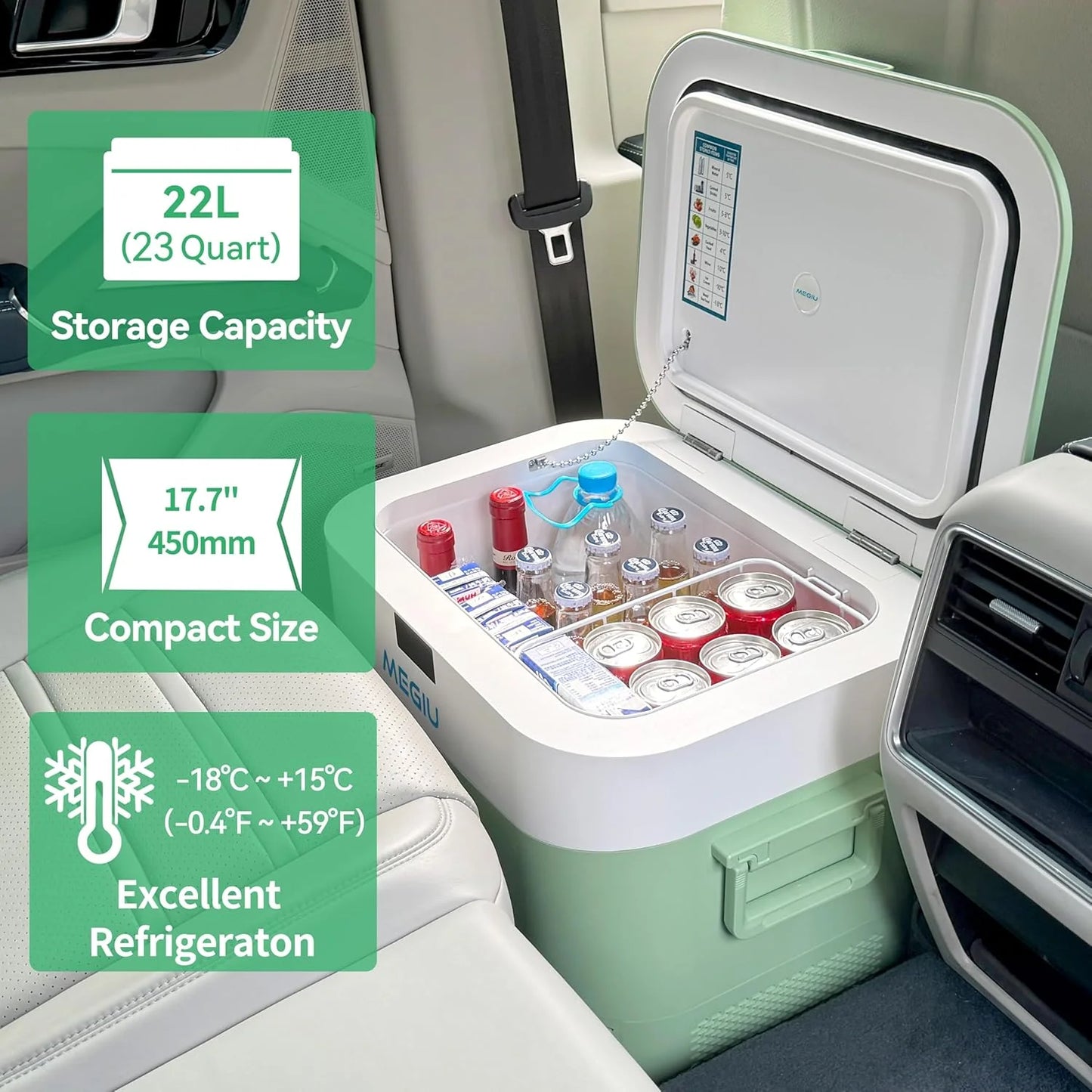 Car Fridge Portable 12 Volt Refrigerator 23 Quart (22 Liter) Freezer Compressor Cooler 12V/24V DC 110～240 V AC for Outdoor, Camping, Travel, Home Use -18℃~+15℃ (Green)