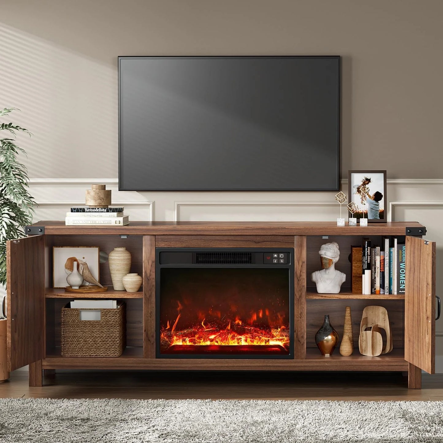 YESHOMY Fireplace TV Stand with Two Barn Doors and Storage Cabinets for Televisions up to 65+ Inch, Entertainment Center Console Table, Media Furniture for Living Room, 58 Inch