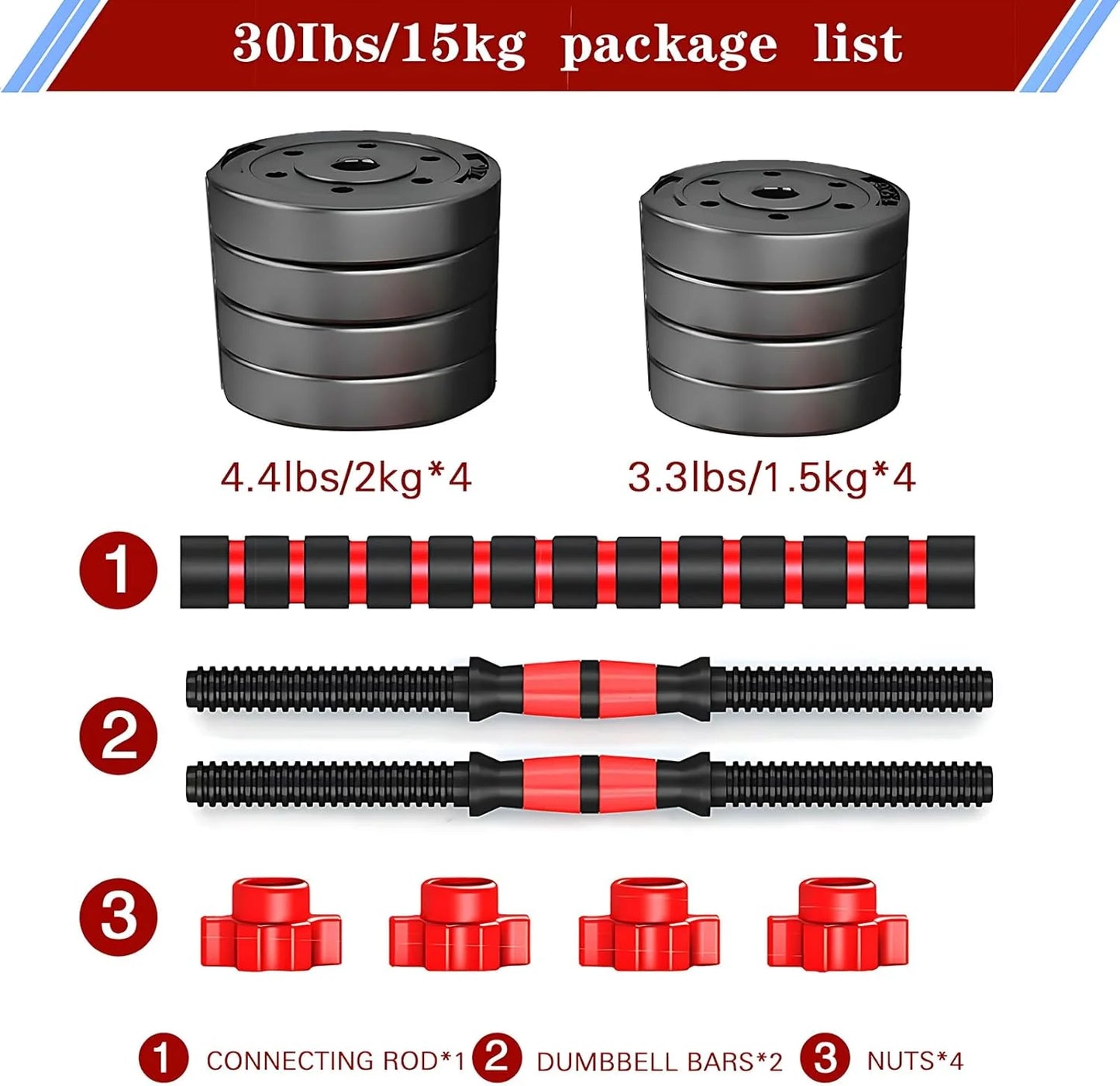 Adjustable dumbbell set, free weight dumbbell pair convertible into barbell