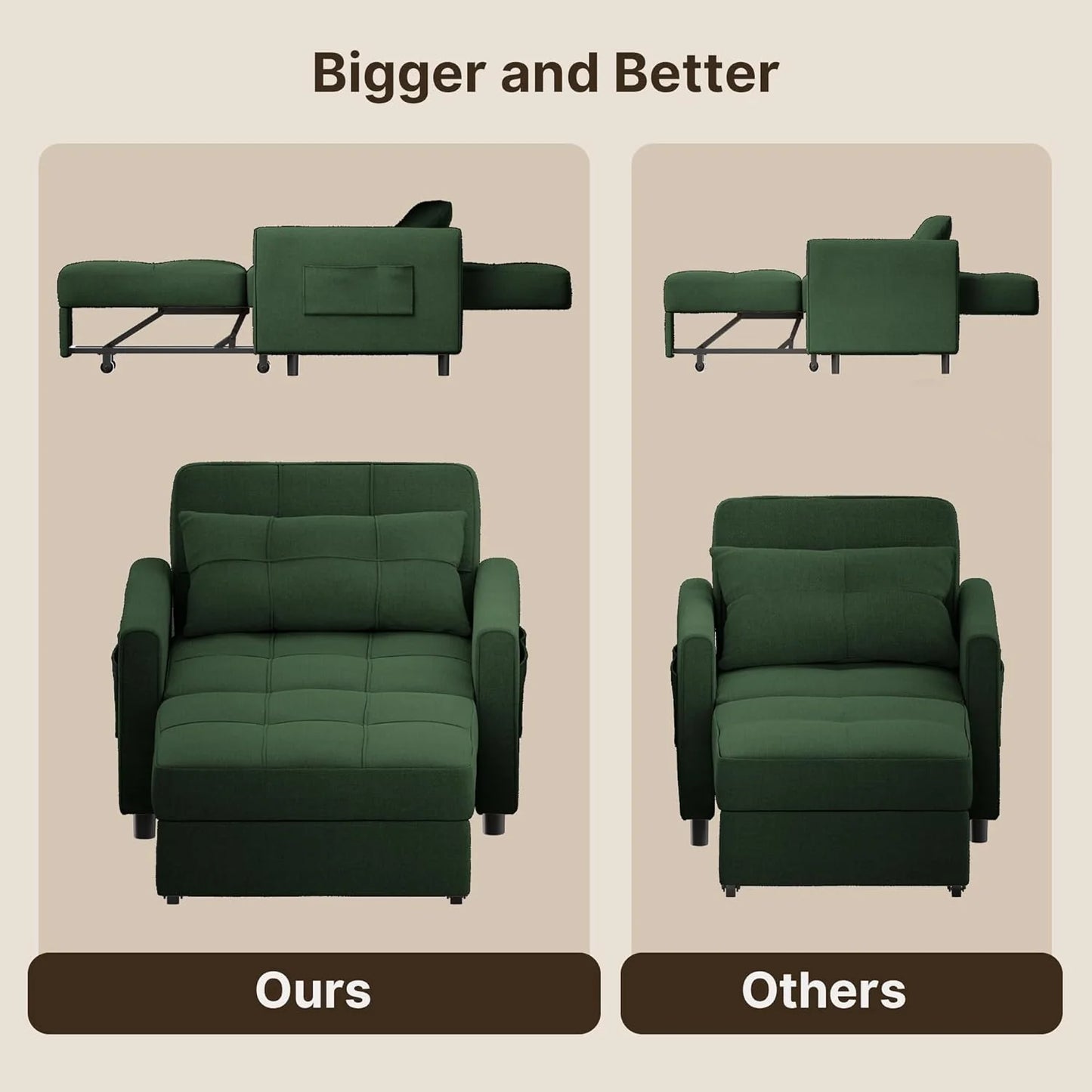 Sofa Bed Chair 3 in 1 Convertible, Pullout Single Sleeper Chair Bed with Adjustable Backrest, Spacious Multifunctional Sofa Couches