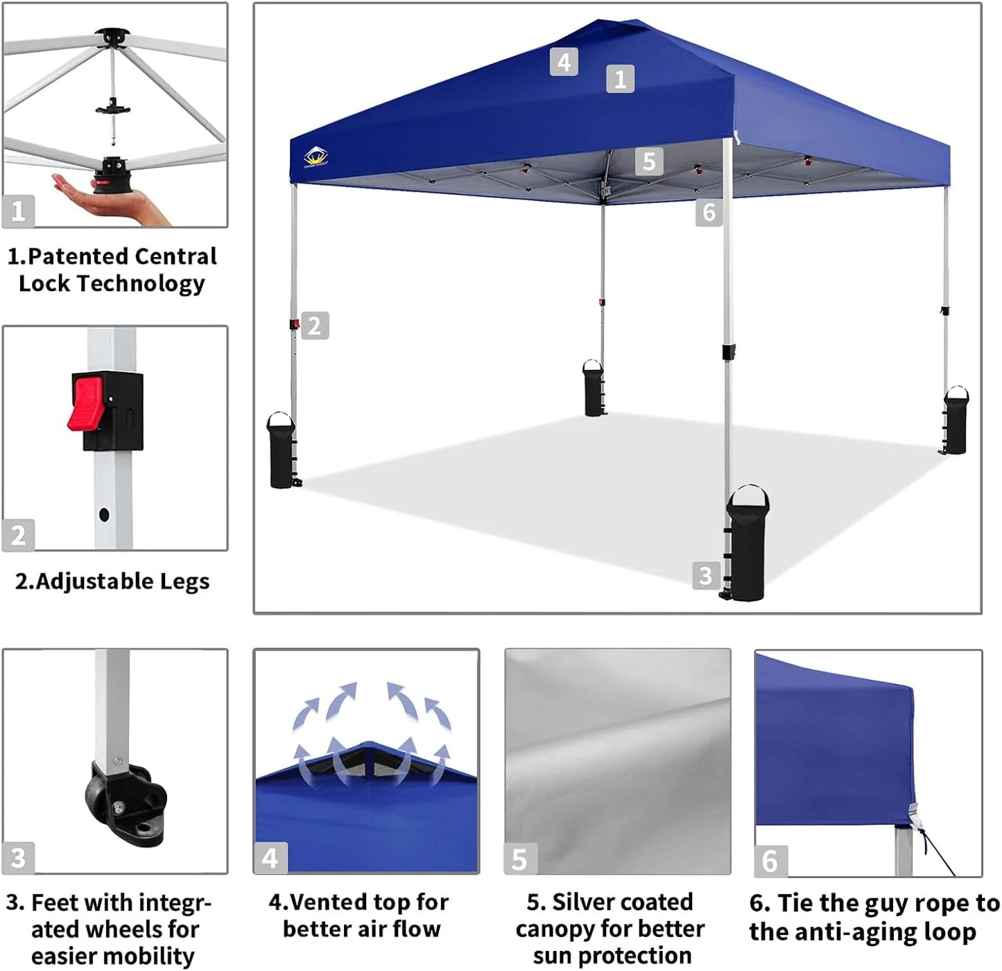 10x10 Pop-Up Awning - One-Click Installation Beach Tent - Outdoor Sunshade Silver Coated Top, 3 Heights and 4 Sand Pockets