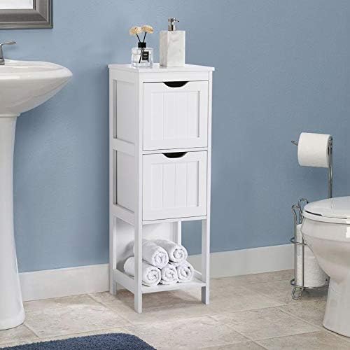 Bathroom Floor Cabinet, Wooden Storage Cabinet with 2 Drawers, Multifunctional Side Organizer Rack Stand Table