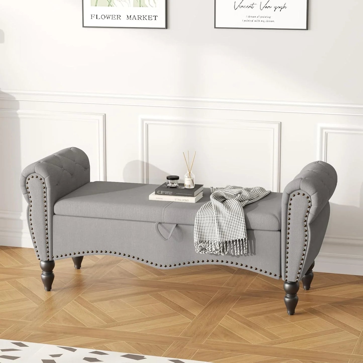 Furniliving Modern Storage Ottoman Bench, Sherpa Ottoman End of Bed Bench with Solid Wood Legs Upholstered Ottoman Benches with Storage Indoor Bench