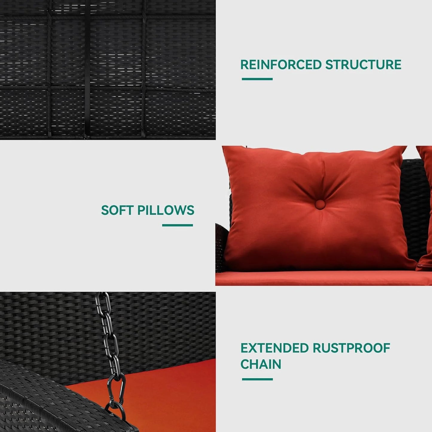 YITAHOME Hanging Porch Swing Chair Sits 3 People, Wicker Outdoor Swing Bench, Patio Lounge Chair, 1 Seating Cushion and 3 Back Cushions, w/Removable Covers, for Garden, Balcony, Backyard, Brown