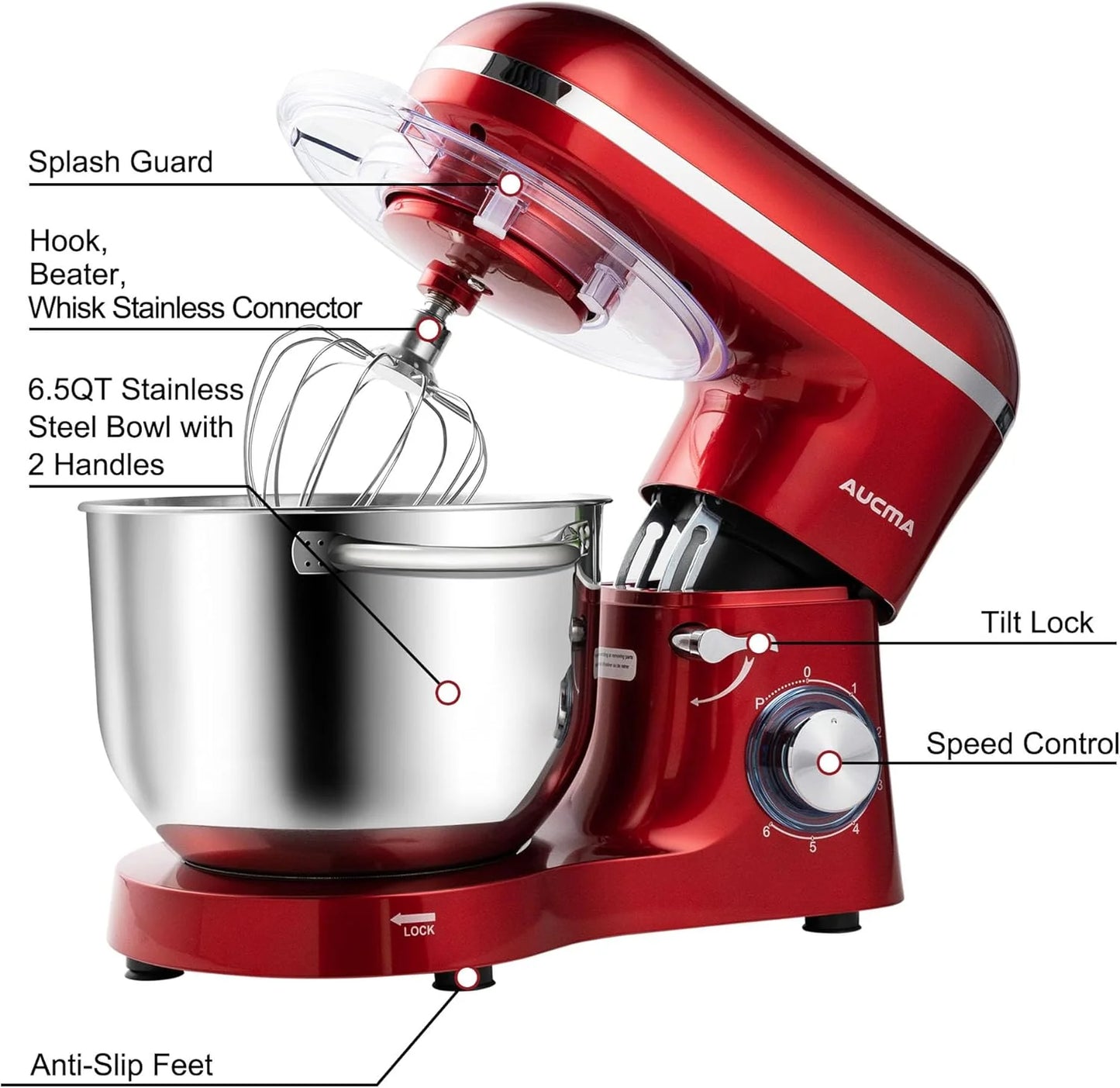 Aucma Stand Mixer,6.5-QT 660W 6-Speed Tilt-Head Food Mixer, Kitchen Electric Mixer with Dough Hook