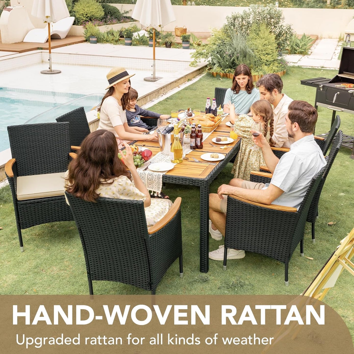 Devoko Dining 7 PCS Furniture, Patio Conversation Set with Acacia Wood Table Top, Rattan Outdoor, Black