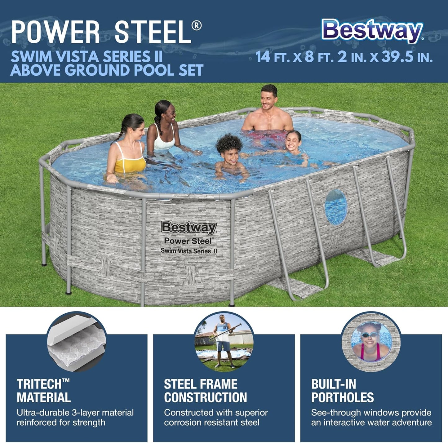 Power Steel Swim Vista Series II 14' x 8' 2" x 39.5" Above Ground Outdoor Swimming Pool Set with 530 GPH Filter Pump, Ladder, and Pool Cover