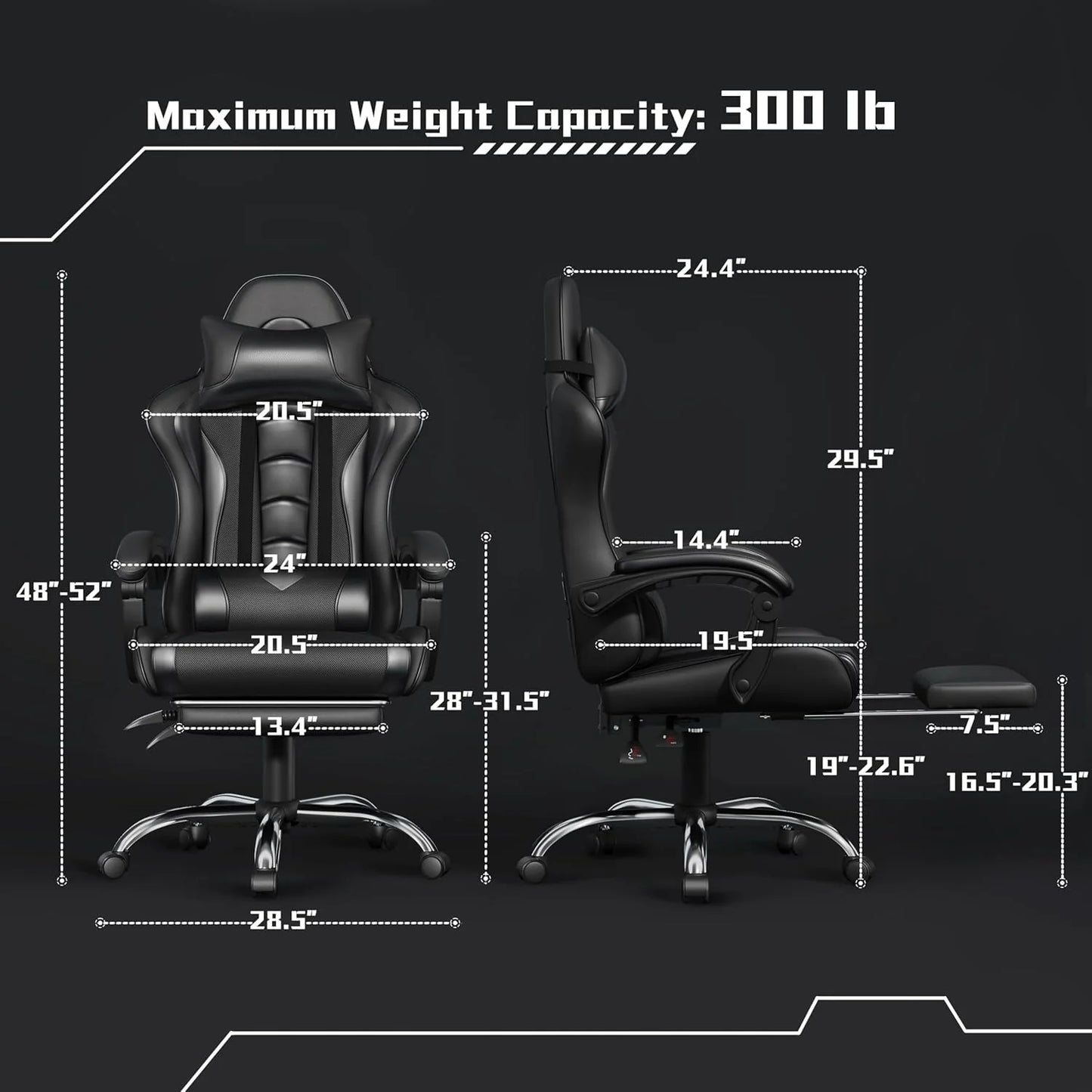 Gaming Chair with Massage Lumbar Support and Footrest Height Office Gaming Chair