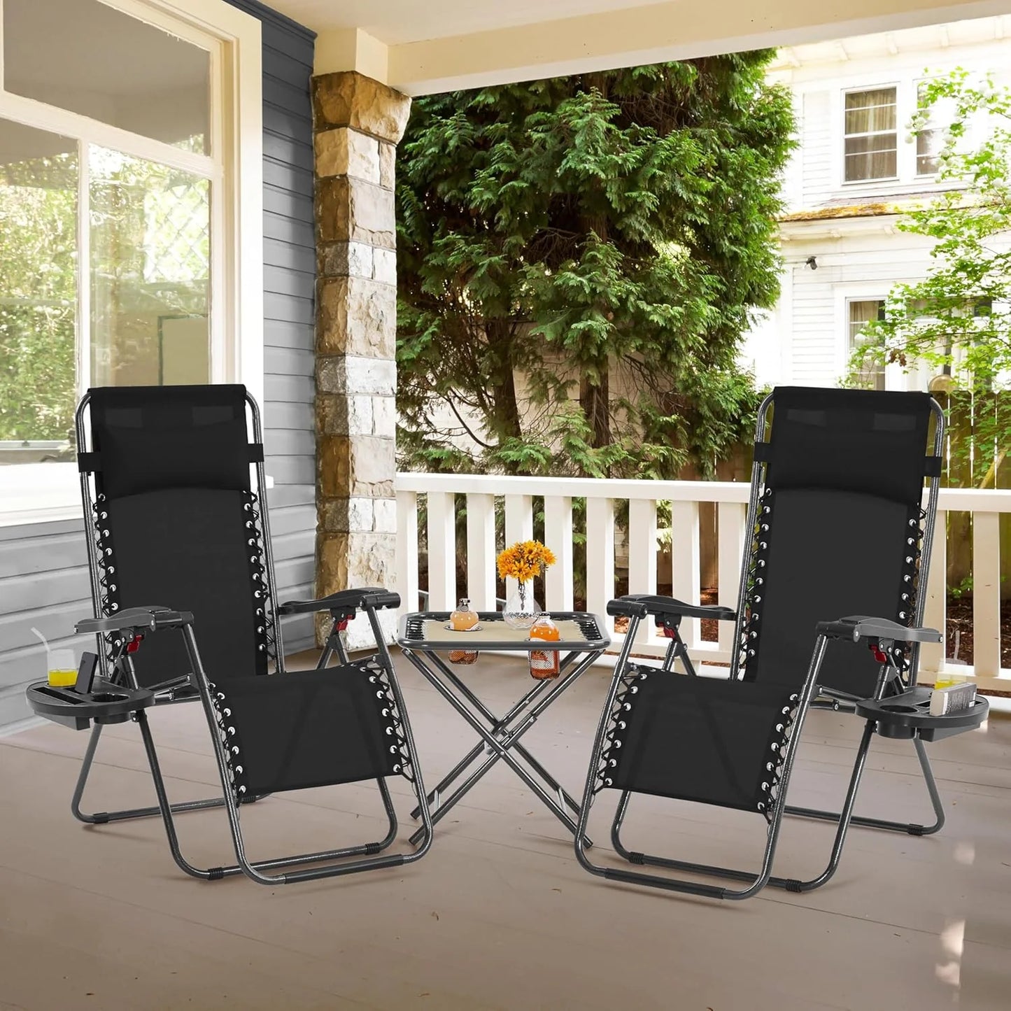 3PCS Zero Gravity Recliner Portable Outdoor Reclining Chair Set w/Side Table Folding Chaise Lounge Chairs