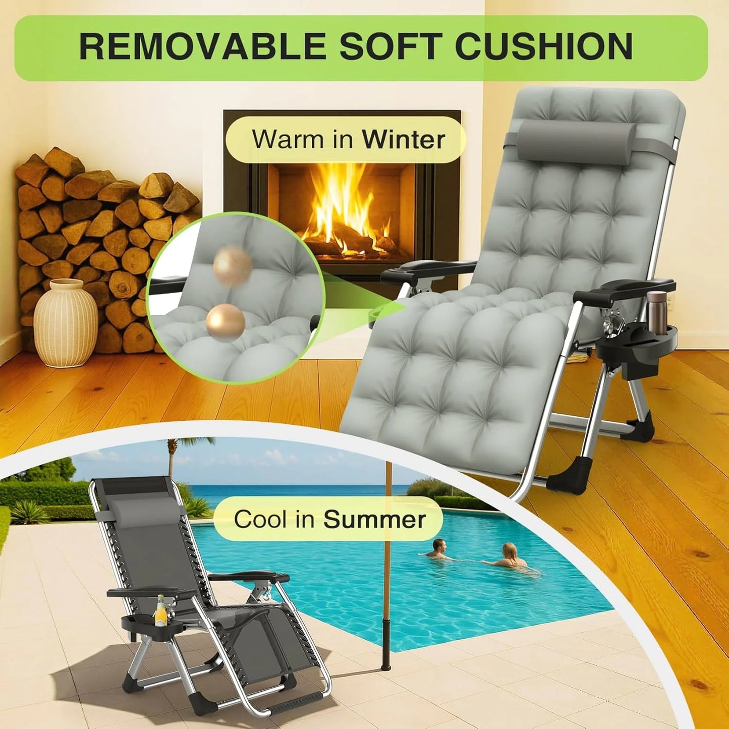 Indoor and outdoor patio chair folding lounge chair zero gravity chair with removable cushion camping lounge chair