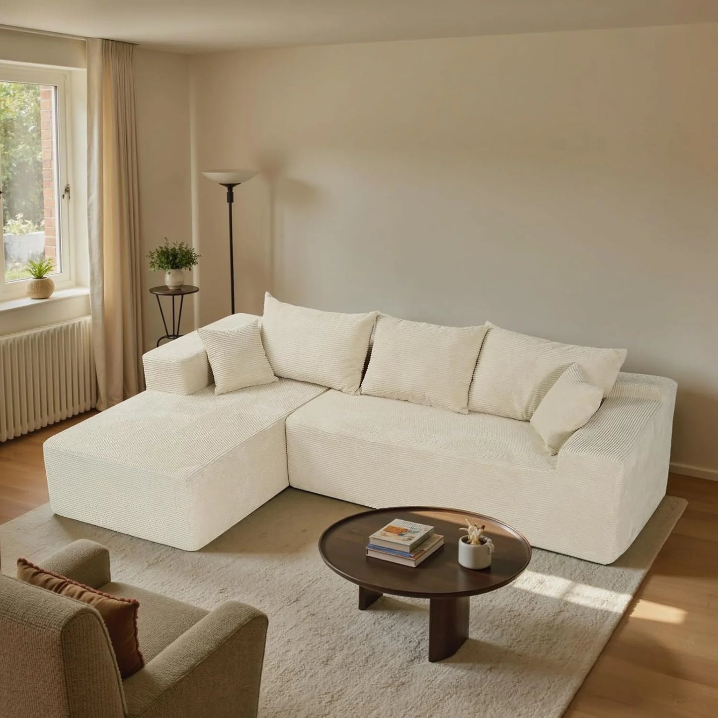 Cloud sofa with L-shaped lounge chair, modern modular sofa with deep seats