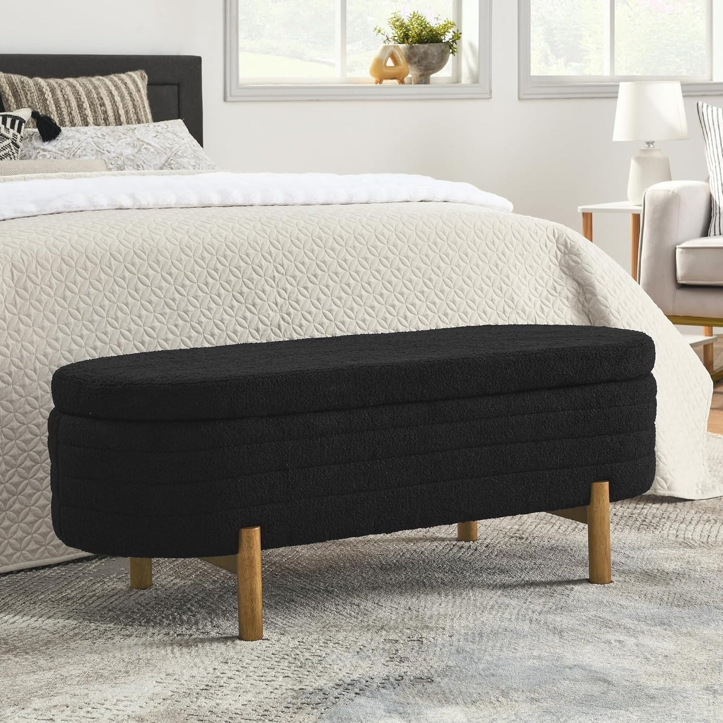 Furniliving Modern Storage Ottoman Bench, Sherpa Ottoman End of Bed Bench with Solid Wood Legs Upholstered Ottoman Benches with Storage Indoor Bench