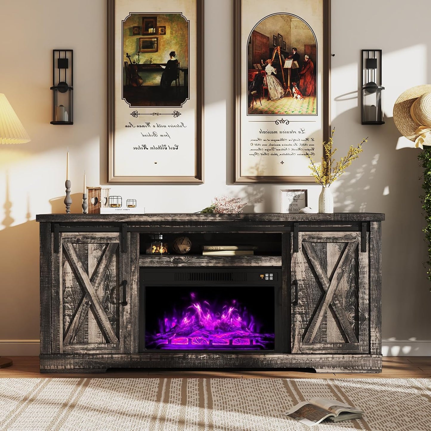 AMERLIFE Fireplace TV Stand with Sliding Barn Door for TVs up to 73", Farmhouse 63" Fireplace Entertainment Center with Storage Cabinets/Adjustable Shelves