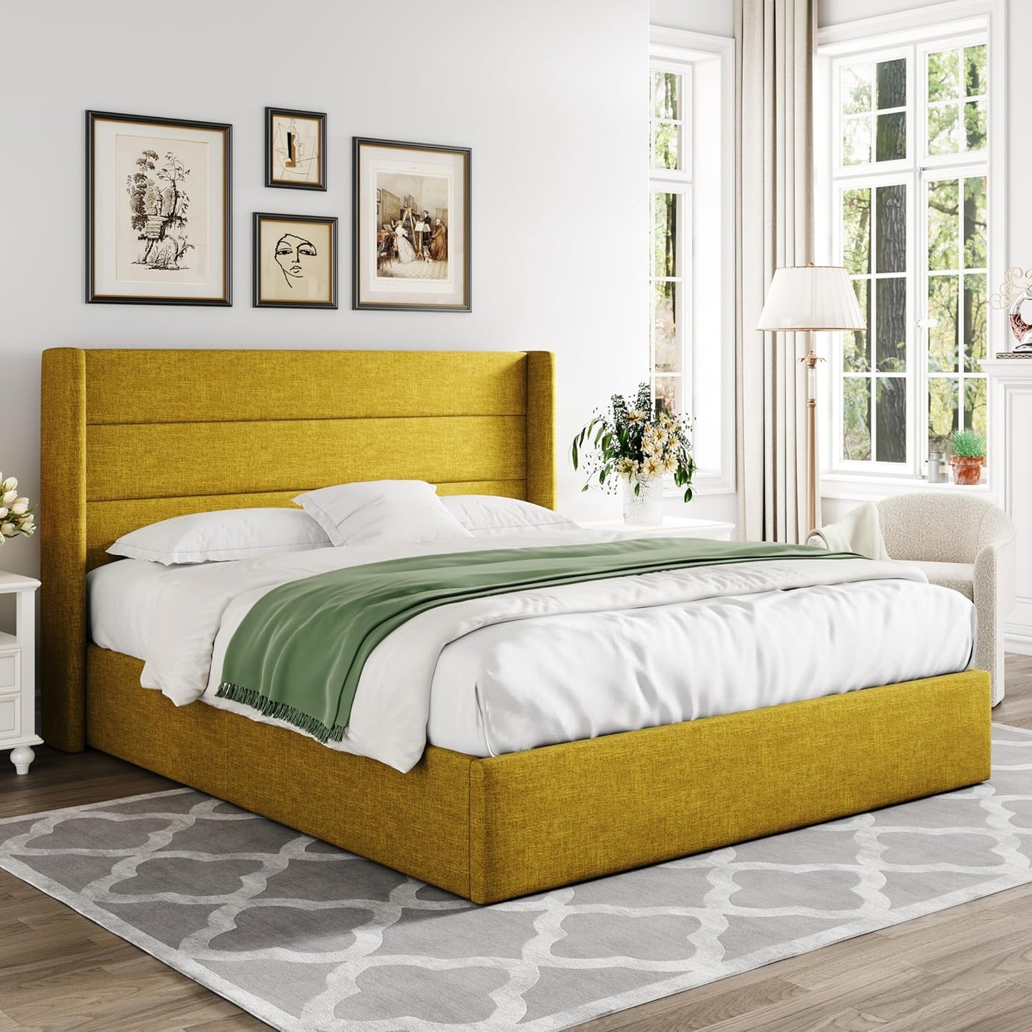 Allewie Queen Size Lift Up Storage Bed, Modern Wingback Headboard, Hydraulic Support, No Box Spring Needed, Light Beige