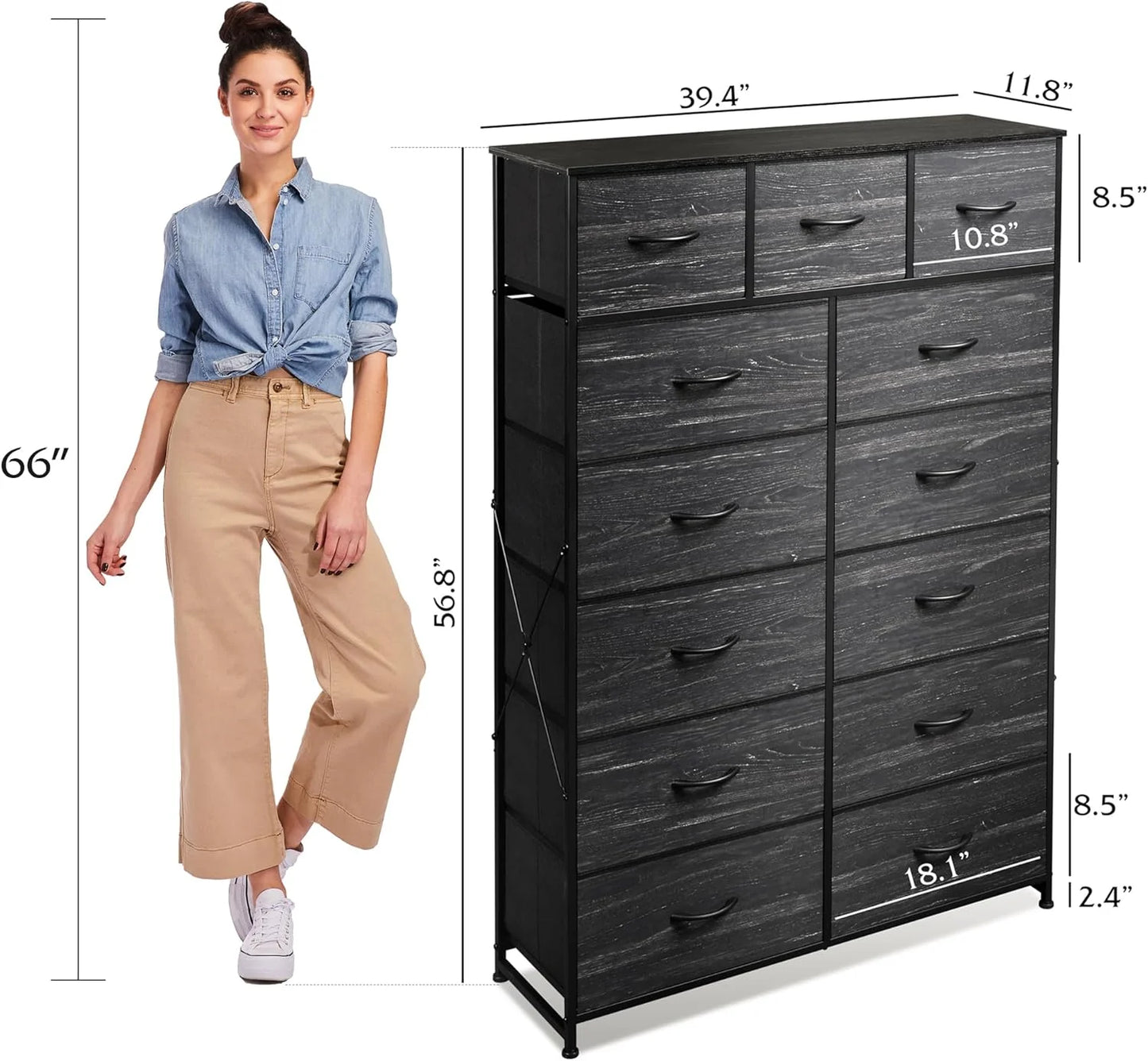 WLIVE Storage Organizer Unit with 13 Fabric Bins, Storage Drawers Organizer with Steel Frame, Tall Storage Tower Organizaton for Living Room, Hallway, Office, Charcoal Black