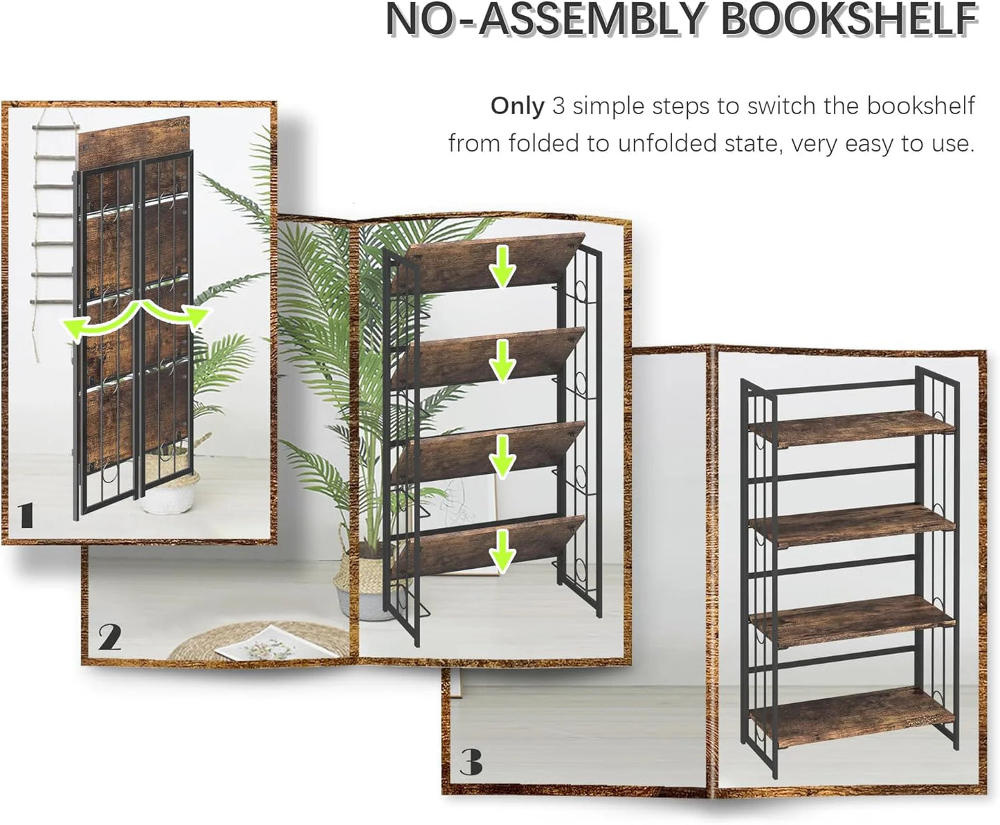 5 Tiers No Assembly Book Shelves 51.2" H Folding Bookshelf Bookcase