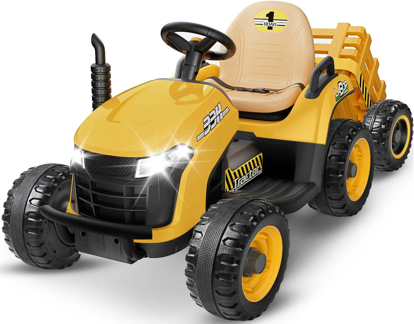 24V Ride On Tractor w/Tiltable & Detachable Trailer, 2x65W Motors, EVA Tires, Remote Control, Bluetooth, Shifter, Music, Electric Car for Kids, Green