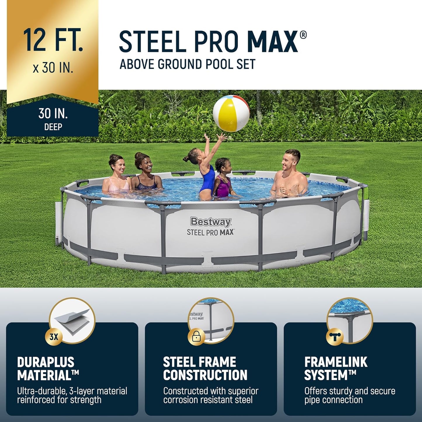 Steel Pro MAX 10 Foot x 30 Inch Round Metal Frame Above Ground Outdoor Backyard Swimming Pool Set with 330 GPH Filter Pump
