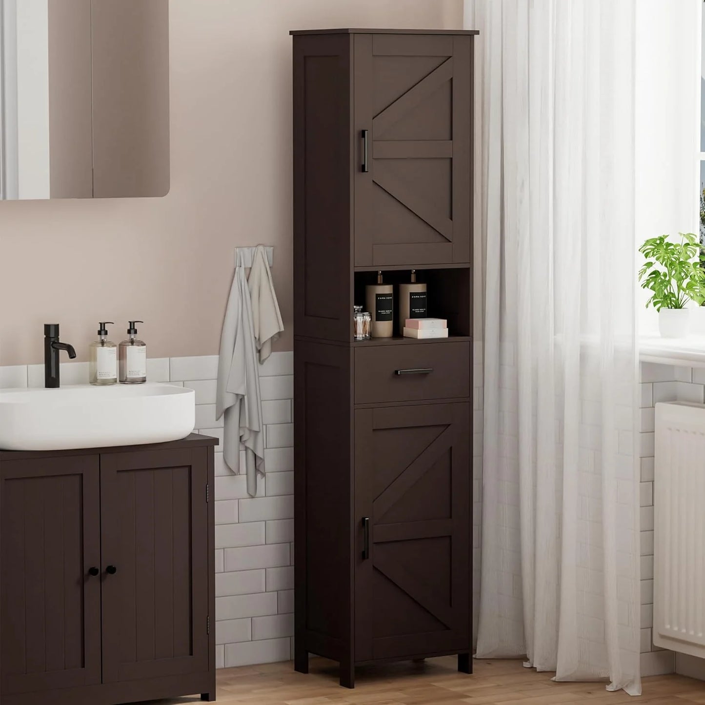 Homhedy 67" H Tall Bathroom Storage Cabinet with 2 Barn Doors and 1 Drawer, Narrow Storage Unit, Adjustable Shelves, Floor Cabinet for Bathroom, Living Room, Entryway, Kitchen, White, (15.7" W)