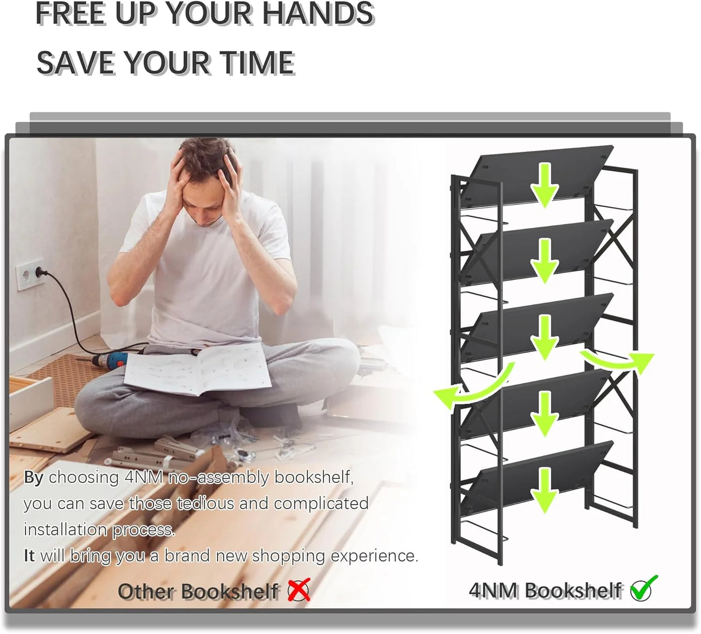 5 Tiers No Assembly Book Shelves 51.2" H Folding Bookshelf Bookcase