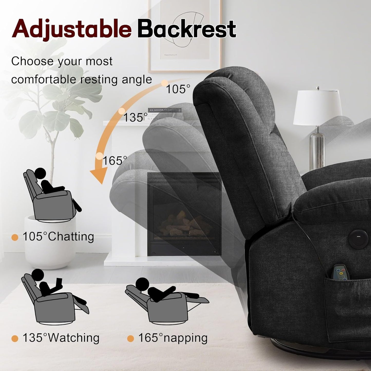 Adult rocking chair, gliding recliner, 360° rotating rocking chair with massage and heating function