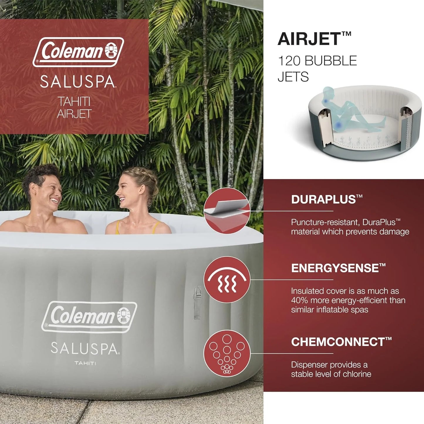 Bestway Palm Springs 4 to 6 Person EnergySense Smart AirJet Plus Inflatable Hot Tub Outdoor Spa with 140 AirJets and Insulated Cover