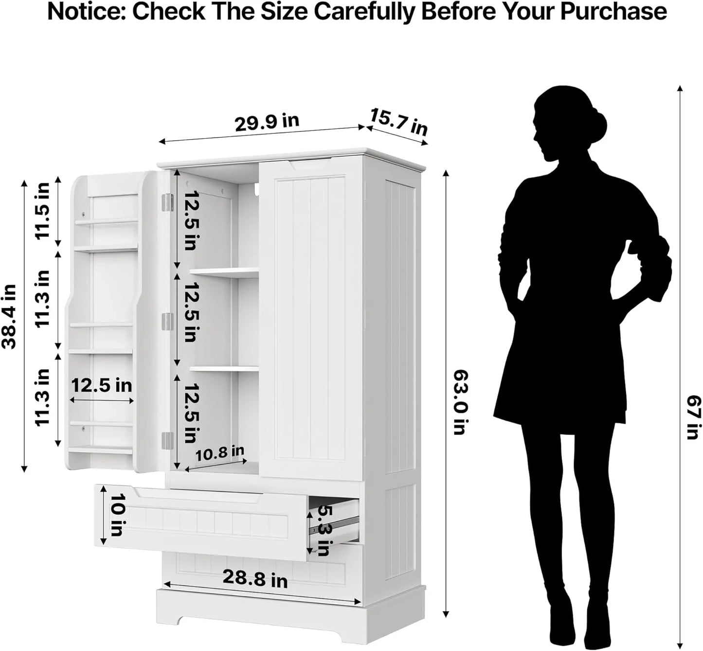 Gizoon Kitchen Pantry Cabinet with Drawers Freestanding Bathroom Storage Cabinet with Doors and Shelves, 47 Inch Small Pantry Cabinet