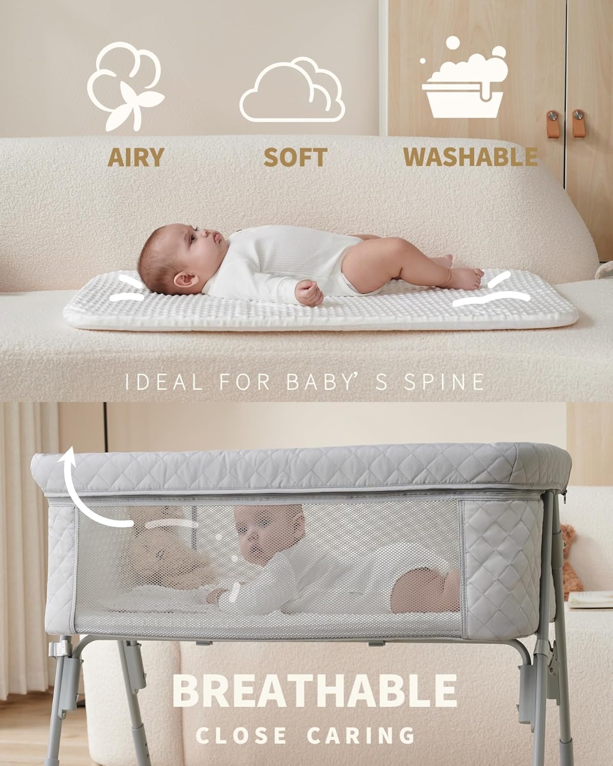 Bassinet Bedside Sleeper, Baby Crib for Newborn, Baby Bassinets Bedside Sleeper with 4 Auto-Lock & Adjustable Height, Breathable Mesh & Mattress