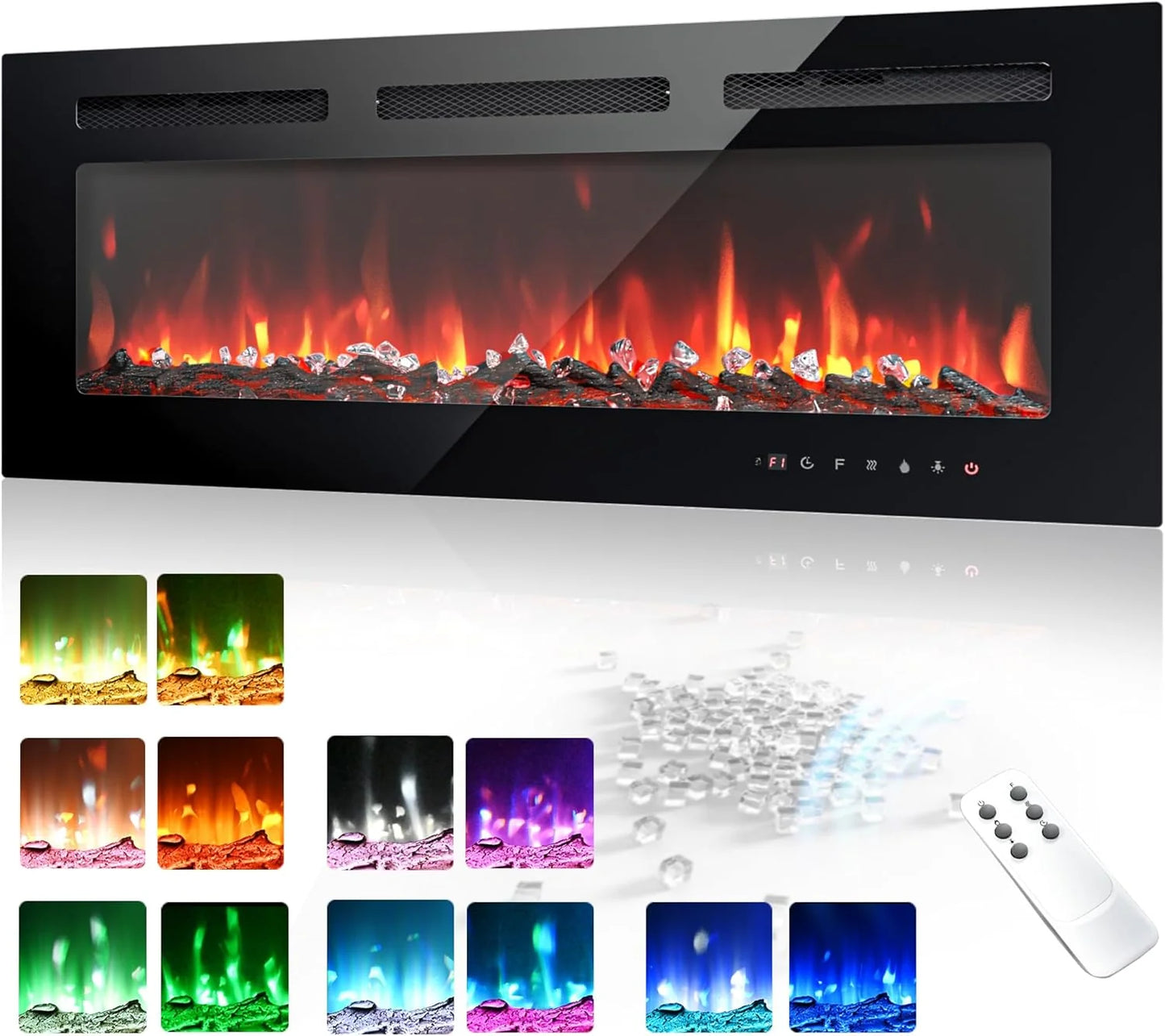 EUHOMY 50 Inch Electric Fireplace Wall Recessed and Wall Mounted with Adjustable Flame Color, Fireplace Heater with Remote Control, Linear Fireplace with Timer, Touch Screen, Log & Crystal, 750/1500W