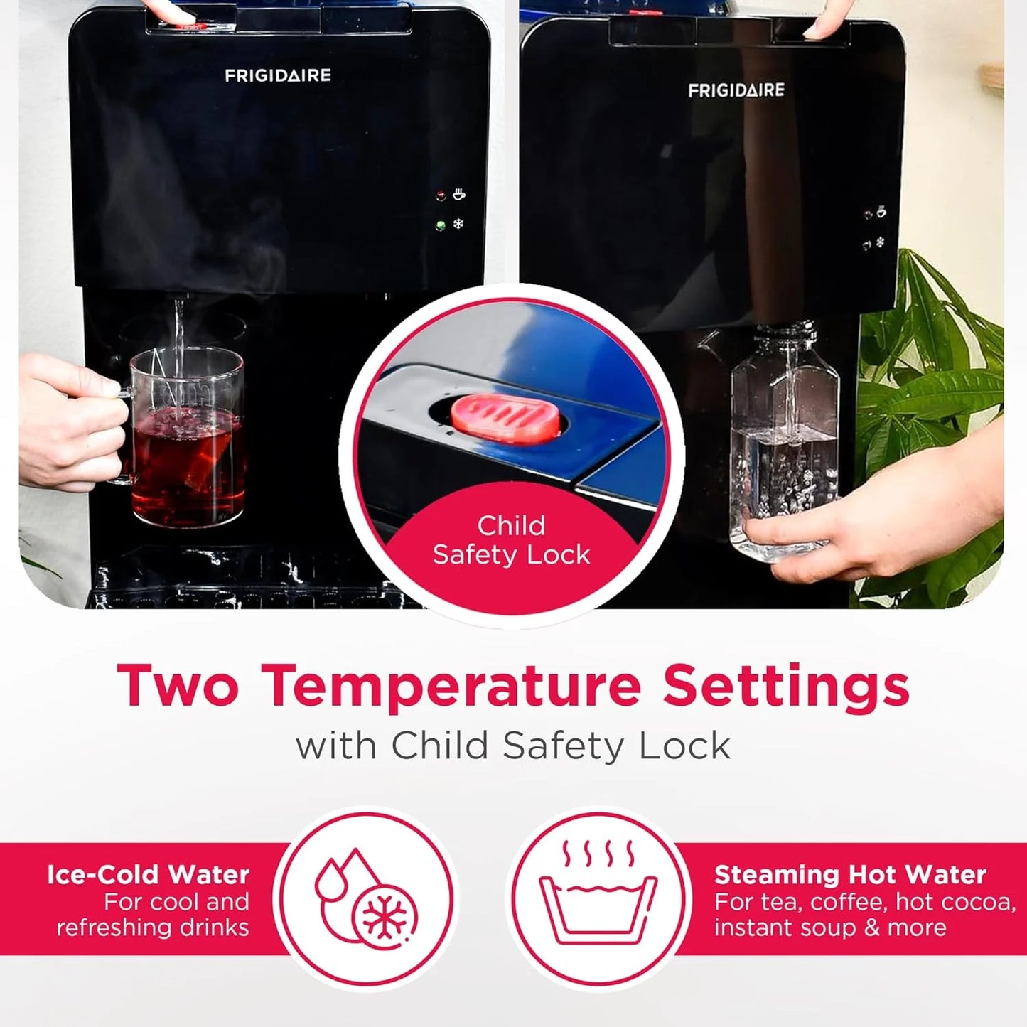 Frigidaire EFWC498 - Top Loading Cooler Dispenser -Hot & Cold Water - Child Safety Lock - Innovative Slim & Sleek Design, Holds 3 or 5 Gallon Bottles - Black