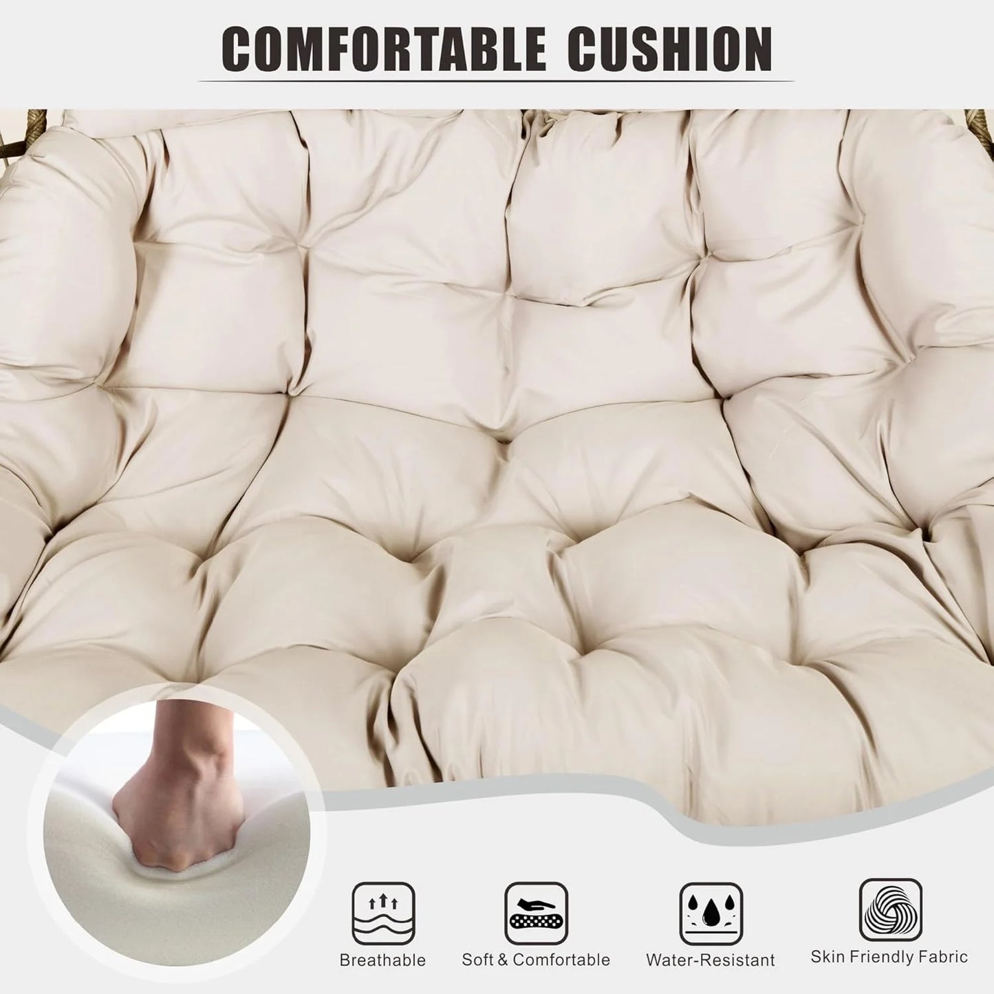 HWB Hanging Egg Chair with Stand, Patio Wicker Hammock Egg Swing Chair with Cushion for Bedroom Garden Indoor Outdoor (Beige)