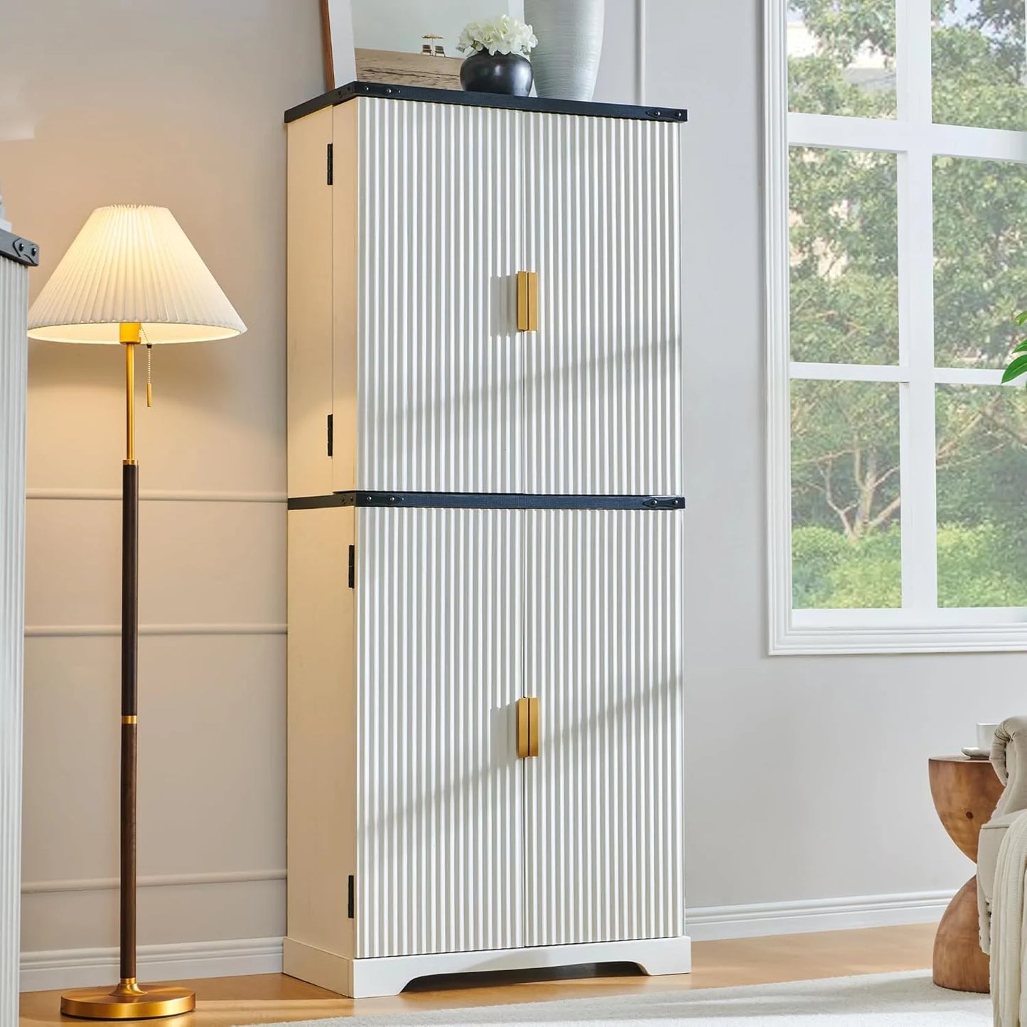 Fluted Pantry Cabinet, 72" Tall Modern Storage Cabinet with 4 Doors, Organizer, Drawer and Adjustable Shelves, Wood Cupboard