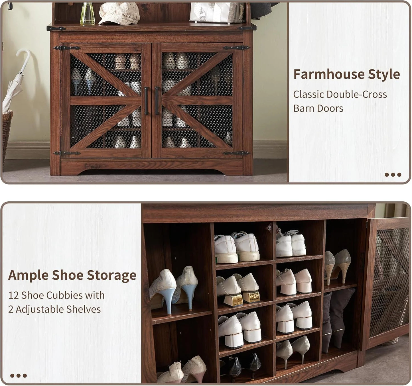 JXQTLINGMU 59-inch Farmhouse Foyer Tree with Shoe Storage, Entryway Bench Foyer Coat Rack Cabinet